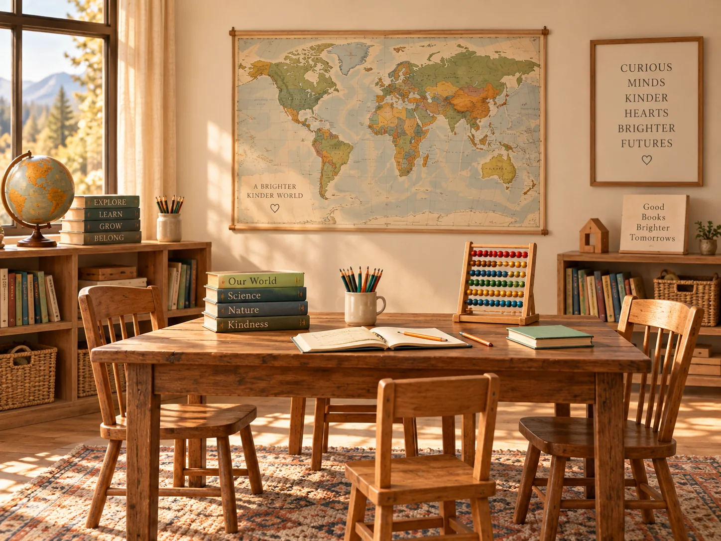 Warm family home learning room with books, globe, map and study table