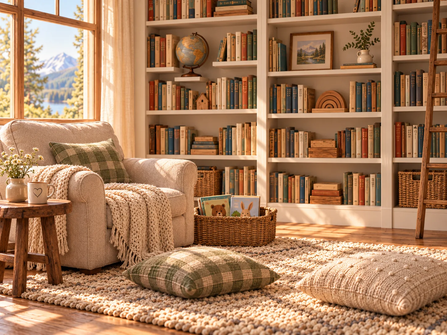 Cozy home reading library with bookshelves and natural light