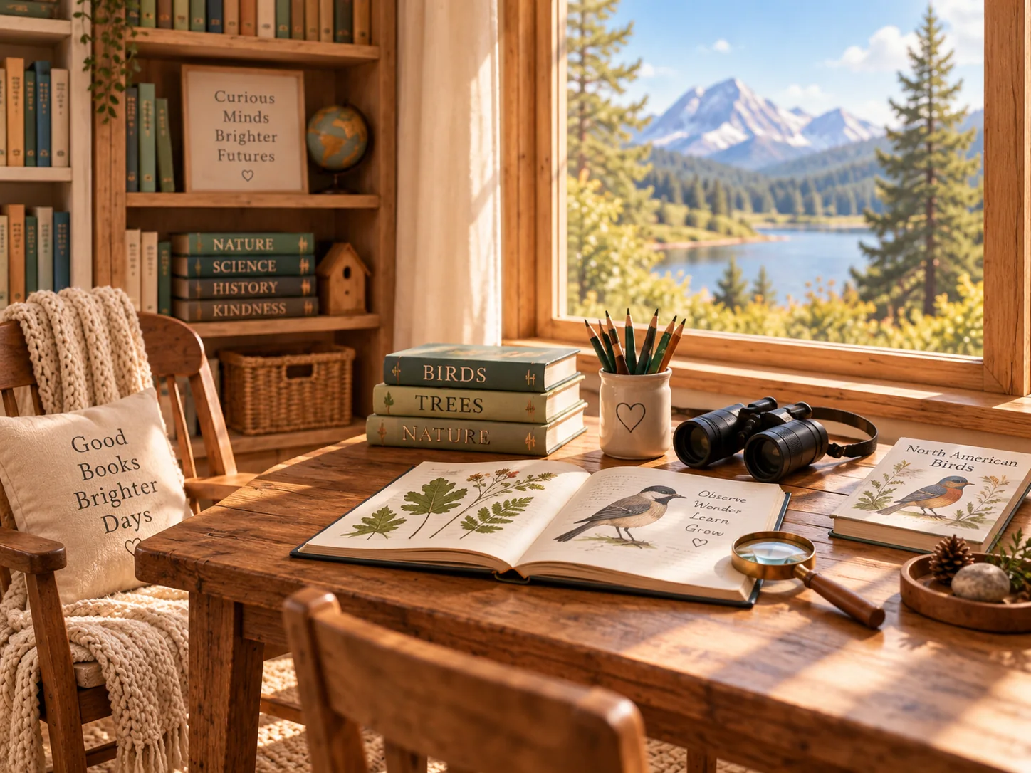 Warm nature-study desk with books, binoculars and learning materials