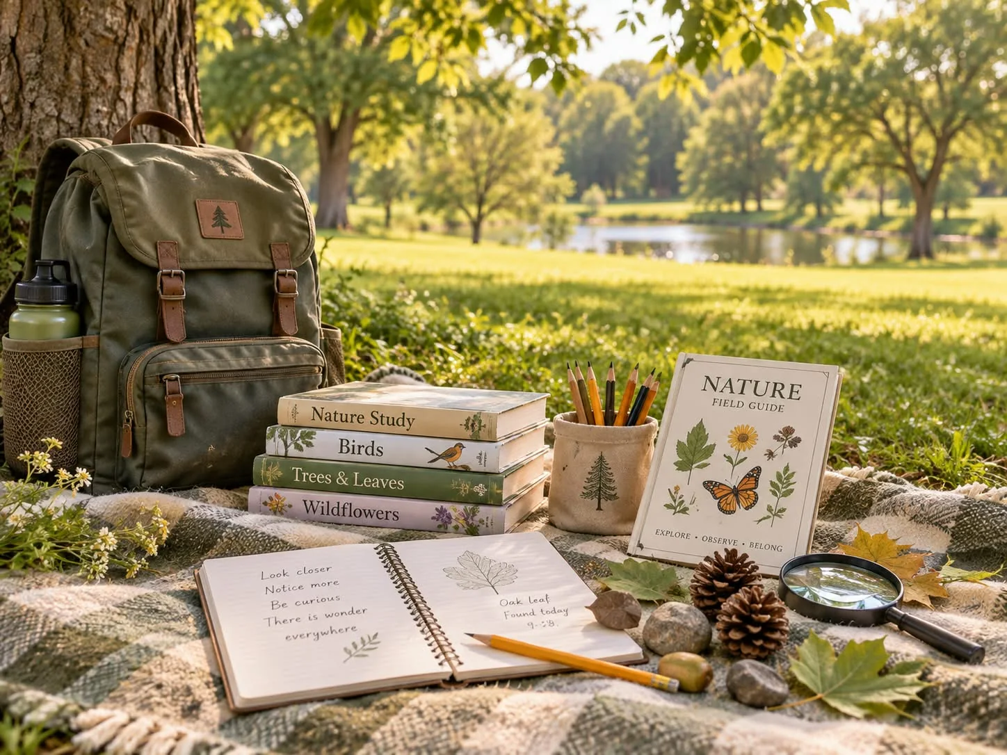 Outdoor nature-study setup with books, notebook and field guide